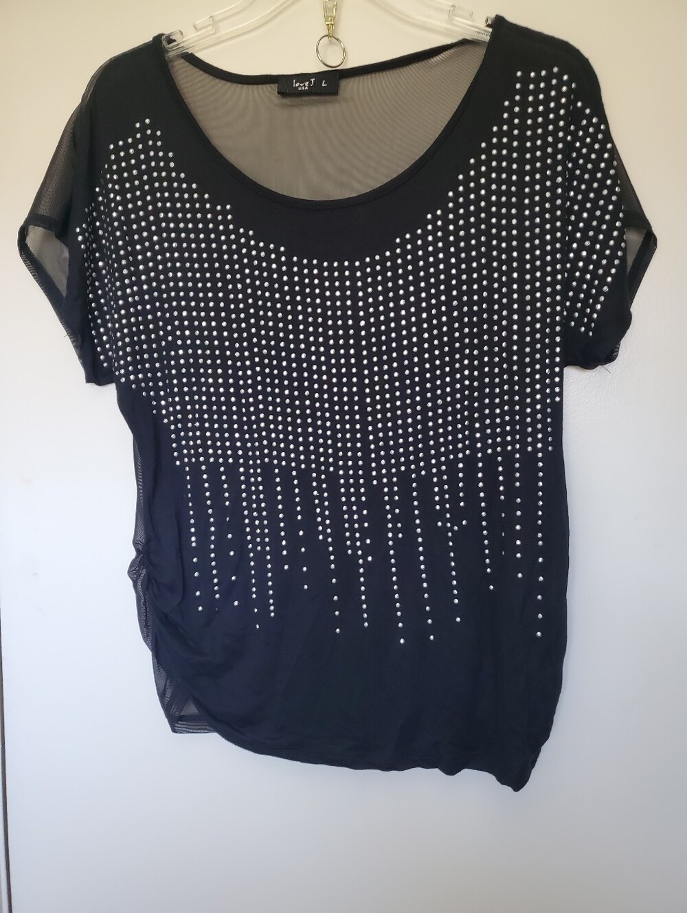 Love J Womans Studded Front Sheer Mesh Black Top Whimsey Goth Dark Fairy Sz L